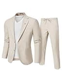 Hihawk Men's Linen Suit 2 Pieces Regular Fit, Two Buttons Lightweight Jacket and Pants for Beach Wedding, Summer Time, Prom Light Beige Large