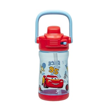 Zak Designs Disney Pixar Cars Beacon Kid Water Bottle for Travel or At Home, 12oz Plastic is Durable and Leak-Proof with Liquid Lock Spout, Cover, Carry Handle, Protective Base (Lightning McQueen)
