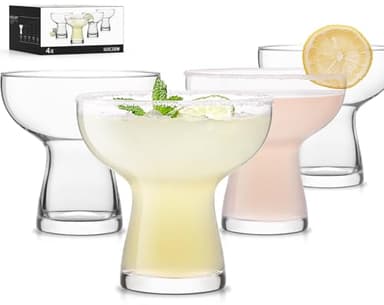 LUNA & MANTHA Martini Glasses Set of 4, 10oz Stemless Margarita Glasses, Modern Hand-blown Margarita Glass for Daiquiri, Frozen Cocktails, Dessert, Daily Use, Home Bar, Birthdays Gift, Crystal Clear