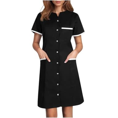 Scrubs Dress for Women - Button Front Nursing Workwear - Casual Housekeeping Dresses with Pockets Black