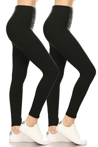 Leggings Depot Women's 3" Waistband Yoga High Waisted Solid Leggings Pants (Full Length, Black-2pc, Small)