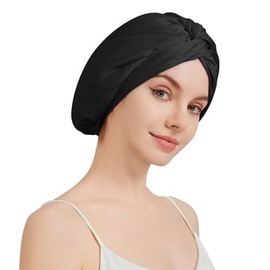 100% Mulberry Silk Bonnet for Sleeping Women, 22 Momme Grade-6A Double Layer Silk Hair Wrap With Elastic Band Stay On Head All Night(1PCS,Black)