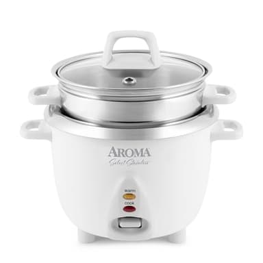 Aroma Housewares 6-Cup (Cooked yield ) / 1.2Qt. Select Stainless Pot-Style Rice Cooker, & Food Steamer, One-Touch Operation, White