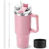 40 oz Tumbler with Handle and Straw, Pink Insulated Travel Mug Iced Coffee Cup, Reusable Stainless Steel Insulated Water Bottle, Keeps Drinks Cold for 34 Hours, Women Christmas Gifts for Mom Grandma