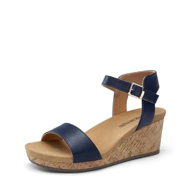 DREAM PAIRS Women's Open Toe Buckle Ankle Strap Platform Wedge Sandals for Women Summer Dressy Shoes,Size 8,Navy,NINI-8