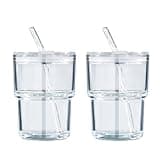 Puraville 12oz Coffee Cup 2 Pack Glass Cups with Lids and Straws Coffee Mug Set with Insulated Sleeve Glassware Tumbler Drinking Jar, Clear