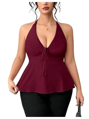 SOLY HUX Women's Plus Size Peplum Halter Top Tie Front V Neck Sleeveless Backless Ruffle Going Out Tops Pure Burgundy XX-Large Plus