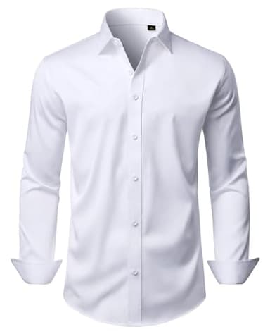 DEMEANOR White Dress Shirts for Men Long Sleeve Wrinkle Free Stretch Business Formal Wedding Button Down Shirt L
