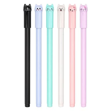 6 Pack Colorful Cat Pens Kawaii Gel Pens 0.5mm Black Ink Ballpoint Pens for School Supplies