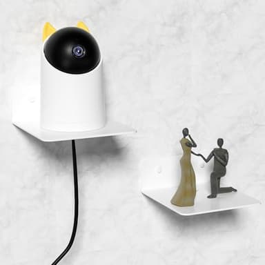 Wisfame Small White Shelves for Wall, 4.92 Inch Metal Floating Shelves for Echo, Cameras, Small Speaker, Adhesive Display Ledges, No Drilling Wall Shelves for Bathroom, Living Room, Bedroom, 2 Pack