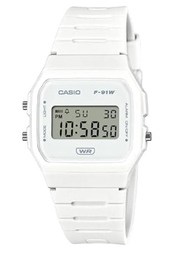 Casio F-91WB Series | Men’s Digital Watch | White | Bio-Based Resin Band | LED Backlight | Stopwatch | Daily Alarm | Auto Calendar | 12/24 Hour Format | Water Resistant | 7 Year Battery