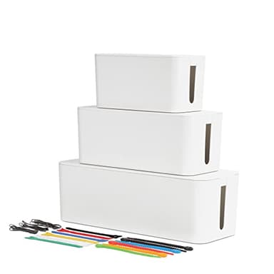 Oxford Cable Management Boxes, 3 Pack, Small, Medium, Large, 15 Cable Ties (Hook & Loop, Silicone,Twist Ties), Power Strip Organizer, White (27800)