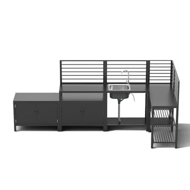 Domi Outdoor Kitchen Island, 5-Piece Modular Kitchens Counter with Whole Aluminum Finish & Shelf & Wall Hanging & Countertop & Sink & Storage Box & Cover, Kitchen Series for Deck Patio, Dark Gray