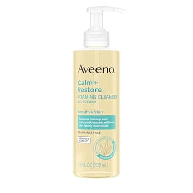 Aveeno Calm + Restore Foaming Cleanser for Sensitive Skin, Daily Face Wash Gently Removes Makeup & Cleanses Skin with Soothing Oat, Feverfew & Hyaluronic Acid, Fragrance-Free, 7.8 fl. oz