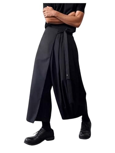 OYOANGLE Men's Skirt Pants Tie Waisted Wide Leg Cropped Harem Pants Y2k Hipple Trousers Black Medium