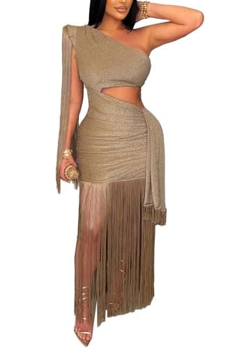 YAWJET Women's Sexy One Shoulder Fringe Dress Sleeveless Cut Out Bodycon Birthday Party Tassel Maxi Dresses Gold