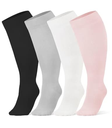 Breslatte Wide Calf Compression Socks for Women Men Plus Size 10-14 mmHg Circulation Knee High Support Stockings 4Pair-03 Black/White/Lightgrey/Pink X-Large-XX-Large