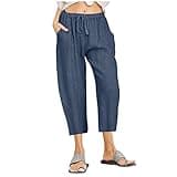 Beach Pants Capri Length for Women 2024 Spring Summer Linen Capris Drawstring Elastic Waist Trendy Cropped Trousers