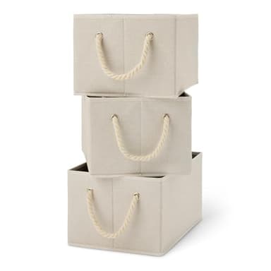 Amazon Basics Foldable Storage Bins with Rope Handles, Closet Organizers, Large, Linen, 3-Pack
