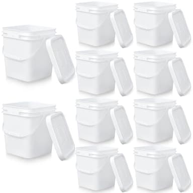 Mumufy 10 Pcs 3.5 Gallon Food Grade Bucket with Lid Plastic Pail with Handle and Lid Buckets for Storing Dry Food Charcoal Camping Fishing(White,11.22 x 9.76 x 8.27 Inches,Square)