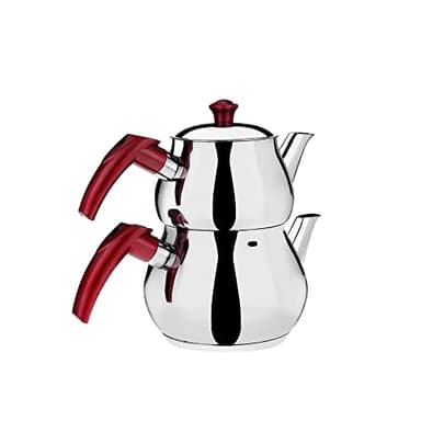 DESTALYA Turkish Teapot Set | Stainless Steel Double Tea Pots for Stove Top | Tea Maker with Strainer | Samovar Style Tea Kettle | Water Heater (Mini with Red Handles)