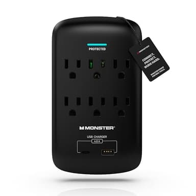 Monster 6 Outlet Wall Plug Surge Protector w/ 1,200 Joules Rating — Safe, Reliable Outlet Extender w/ 1 USB-A, 1 USB-C Charging Ports — Fireproof MOV, ETL Listed, Dual Mode Wall Tap (Black)