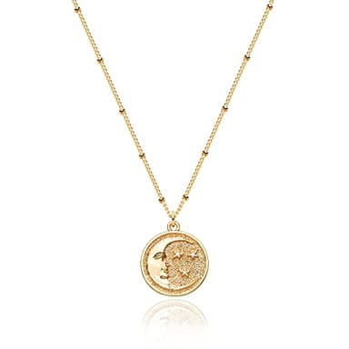 Valloey Rover Vintage Circle Coin Necklace for Women Gold Carved Chunky Pendant Necklace 14k Gold Plated Retro Textured Medallion Disc Pendant Necklace