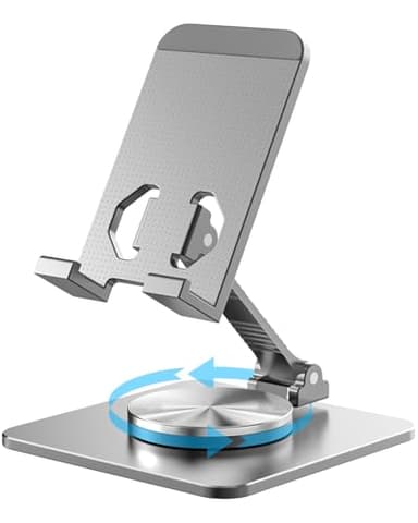 SOJUNER Cell Phone & Tablet Stand for Desk, Aluminum Adjustable Holder for iPhone, iPad & Smartphones || Foldable Mount with 360° Swivel, Stable Base & Portable Design for 4–9.7in Devices, Grey
