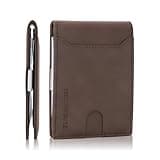 GutsyGlimpse Slim Bifold Front Pocket Minimalist Card Holder, RFID Blocking Men’s Leather Wallet with 11 Card Slots, ID Window & Money Clip (light brown)
