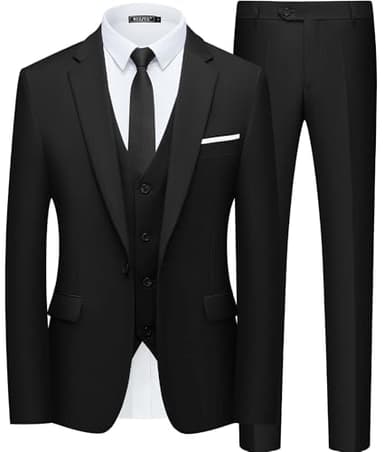 WULFUL Men’s Slim Fit Suit One Button 3-Piece Blazer Dress Business Wedding Party Jacket Vest & Pant Black