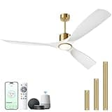BOOSANT Ceiling Fans with Lights, Ceiling Fans with Lights and Remote Control, 60 inch Modern Smart White and Gold Ceiling Fan, Outdoor Ceiling Fans for Patios 3 Blade Bedroom Farmhouse（White）