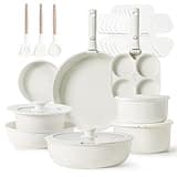 CAROTE 23pcs Pots and Pans Set Non Stick, Cookware Sets, Kitchen Set, Oven/Dishwasher/Fridge Safe, Space Saving Pots Set, Nonstick Set with Versatile Detachable Handle, Induction RV Set, Cream