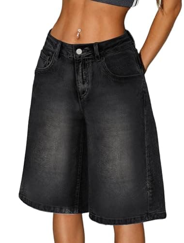 IWD Jean Shorts for Women Mid-Low Waisted Casual Loose Baggy Denim Shorts Y2k Bermuda Shorts Summer Trendy Long Jorts (Denim Black, Large)