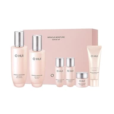 O HUI Miracle Moisture Set | Korean Skin Care Set, 2 Full Size + 4 Travel Essentials | Helps Strengthen Skin Barrier, Glowing Skin, Glass Skin | Softener Lotion, Face Wash, Emulsion | Ceramide, Peptide