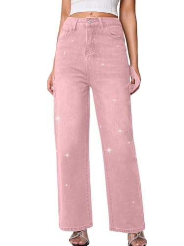 EHSUYAB Womens Sparkly Rhinestone Jeans,Straight Leg Low Rise Baggy Jeans,Embellished Bedazzled Denim Holiday Pants Club Rave Pink Medium