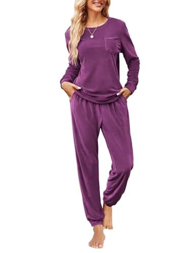 Ekouaer Womens Pajamas Sets Long Sleeve Soft Sleepwear 2 Piece Velvet Pjs Lounge Sets with Pockets Deep Purple