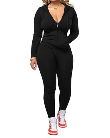 PINSV Women Two Piece Outfits Workout Sets Bodycon Tracksuit Long Sleeve Zip Up Hoodie Jacket Jogger Matching Sweat Pants Set S Black
