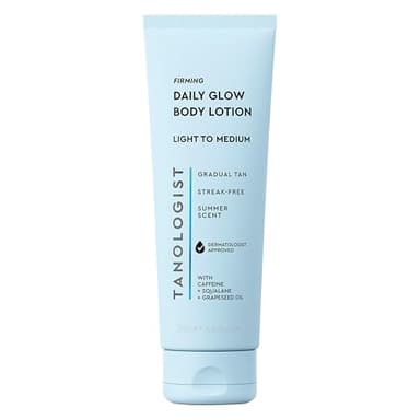 Tanologist Firming Daily Glow Body Lotion- Light/Medium, Fast-Developing, Transfer-Proof Gradual Self Tanner, Summer Scent, Natural Not Orange, Lasts 7 Days, Vegan Formula, 8.45 fl oz