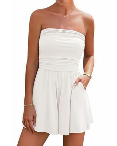 BTFBM Womens Romper 2026 Spring Summer Strapless Tube Tops Beach Vacation Clothes Boho Loose Shorts Jumpsuits Pockets(White, Large)