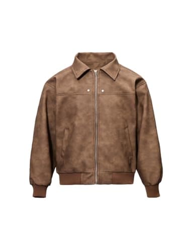 Fullneat Men’s Faux Leather Bomber Jacket Boxy Vintage Motorcycle Moto Coat Black Jacket Unisex Streetwear Zip Up Biker Outerwear Fashion Trendy Outfits for Men Women Casual Daily Wear Brown L