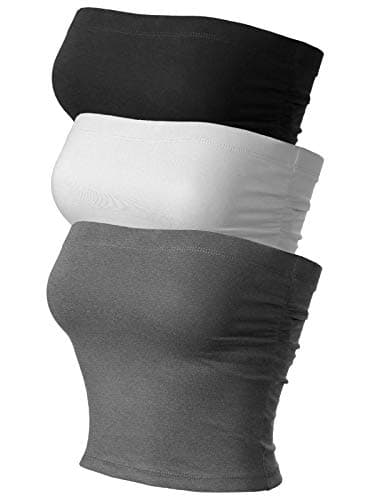 MixMatchy Women's 3 Pack Tube Top with Built-in Shelf Bra, Double Layered Strapless Bandeau Top, Y2K Side Ruched Casual Shirts 3PACK - Black/Charcoal/White XL