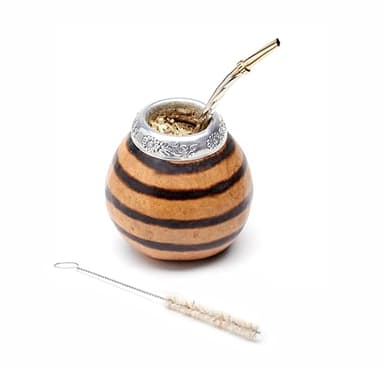 BALIBETOV Yerba Mate Gourd Set (Original Natural Handmade Yerba Mate Cup Argentina) - Includes Mate Tea Cup, Bombilla (Mate Straw) and Clean Brush - Classic Mate Cup and Bombilla Set (01)