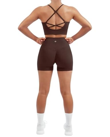 SUUKSESS Women Seamless 2 Piece Workout Sets Criss Cross Padded Sports Bra High Waist Booty Shorts Outfits (Brown, M)