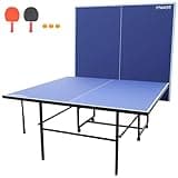 Table Tennis Table Mid-Size 9ft, Foldable Ping Pong Table Top Full Size with 2 Paddles, 2 Balls, 1 Net & 4 Wheels, Folding Table Tennis for Indoor & Outdoor, Quick Assembly to Support Multiplayer