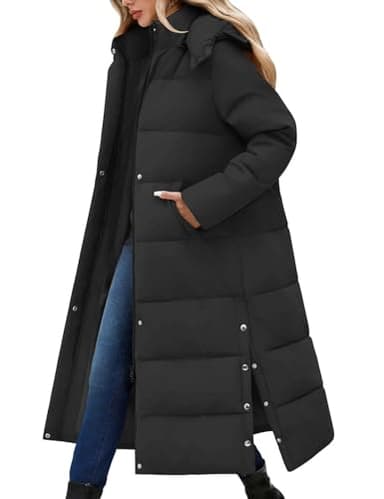Jyanl Women Long Puffer Coat Thickened Quilted Jacket Winter Warm Parka Jacket Heavyweight Outwear Coat Full Zip Padded Jackets with Removable Hood Side Slits