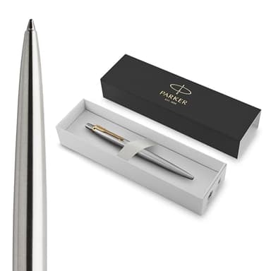 Parker Jotter Ballpoint Pen, Stainless Steel with Golden Trim, Medium Point, Blue Ink, Gift Box - Smooth Writing, Sleek, Polished, Professional, Desk Essentials