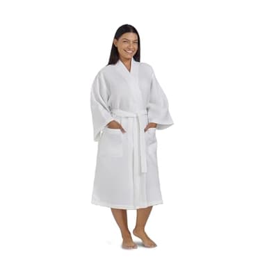 Waffle Robe for Women by BOCA TERRY, Soft Cotton Spa Robes for Summer, Lightweight Women's Knit Waffle Bathrobe, Kimono Style Bathrobes, White Medium/Large