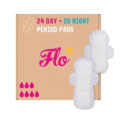 Flo - Day + Night Menstrual Pads (24 Day + 20 Night) - Organic Bamboo Period Pads for Women - Winged, Ultra-Thin - Absorbent, Soft & Breathable - Plant Based – Vegan, Cruelty Free