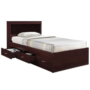Pemberly Row Twin Captain Storage Bed with Bookcase Headboard, 3 Drawers, Mahogany Finish, Durable Wood, 35 in H x 41.4 in W x 84.5 in D, Kids Bedroom Furniture, Space-Saving Design