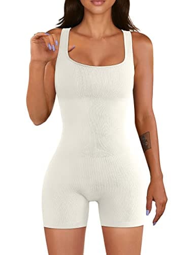 YIOIOIO Women Yoga Romper Workout Ribbed Square Neck One Piece Seamless Tank Top Jumpsuit